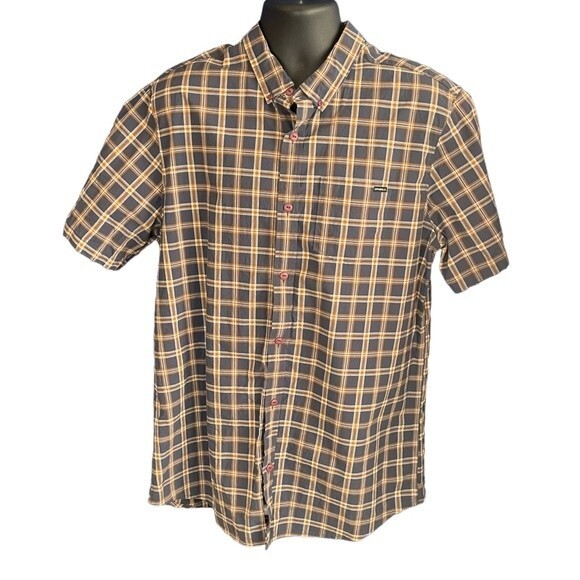 O'Neill Classic Fit Short Sleeve Button Down Navy and Orange Plaid Shirt, XL - Picture 1 of 5